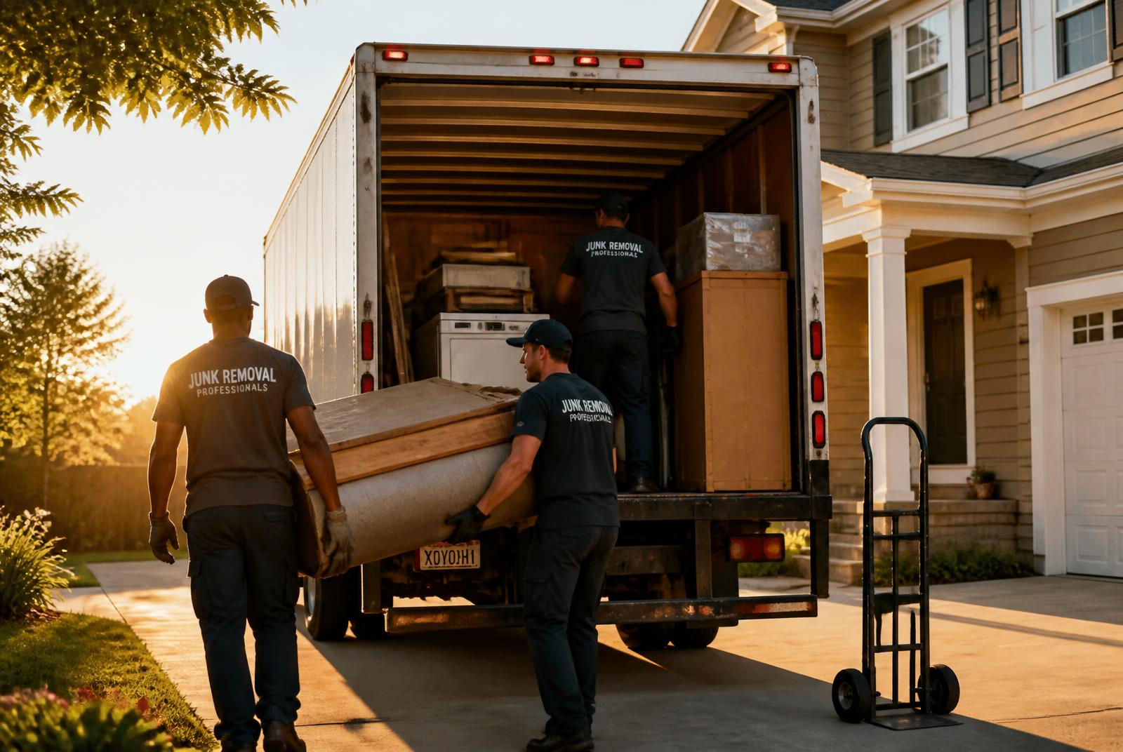 PGE Junk Removal crew loading old furniture and appliances into a truck at a Kansas City home